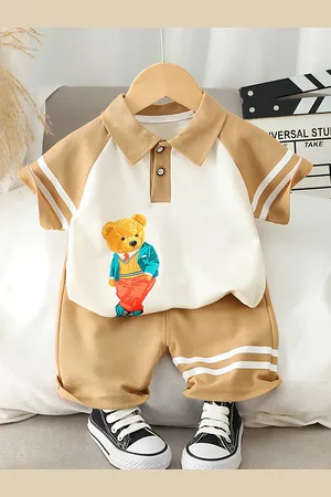 BAESD Kids Teddy Bear Printed Polo Collar Pure Cotton T-shirt With Shorts