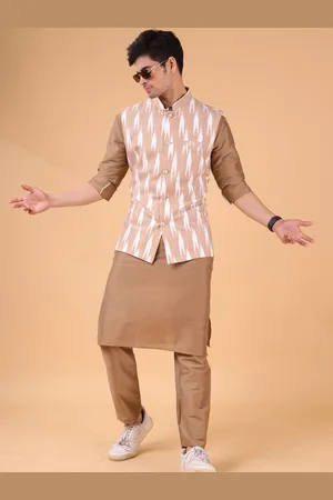 SHIWAM ETHNIX Ikat Printed Mandarin Collar Straight Kurta & Pyjamas With Nehru jacket