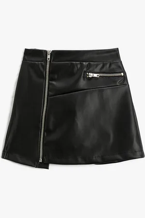 Koton Girls Faux Leather Asymmetric Cut Mini Skirts