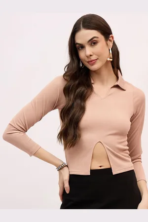 Mayra Women Shirt Collar Long Sleeves Crop Top