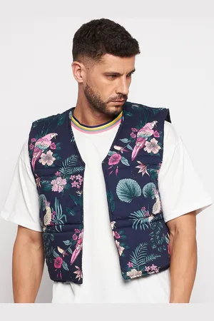 FUGAZEE Men Navy Blue Pink Floral Lightweight Crop Open Front Jacket
