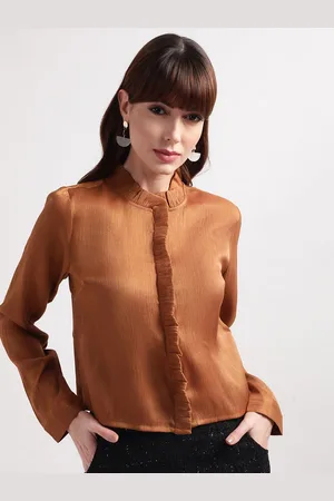 CENTRESTAGE Women Rust Solid High Neck Shirt Style Top