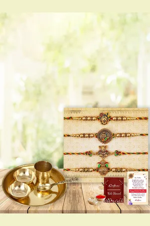 eCraftIndia Set of 4 Shrinathji Peacock Ganesha Kalash Designer Rakhis with Pooja Thali