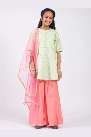 HERE&NOW Girls Ethnic Motifs Printed Gotta Patti Pure Cotton Kurta with Sharara & Dupatta