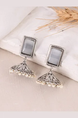 Dastoor Gold Plated Stone Studded & Beaded Contemporary Oxidised Jhumkas