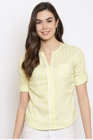 Mayra Women Yellow Striped Shirt Style Pure Cotton Top