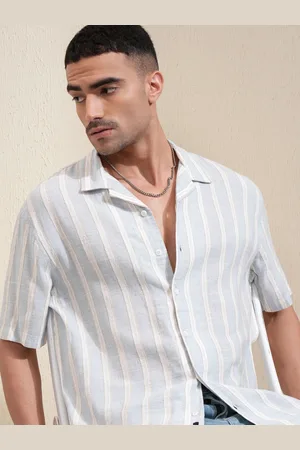 LocoMotive Premium Men Chenille Yarn Striped Cuban Collar Relaxed Fit Shirt