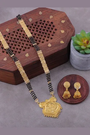 Brandsoon Gold-Plated & Black Beaded Mangalsutra With Earrings