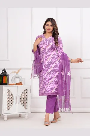 Kalini Women Leheriya Yoke Design Regular Beads and Stones Pure Cotton Kurta with Trousers & With Dupatta
