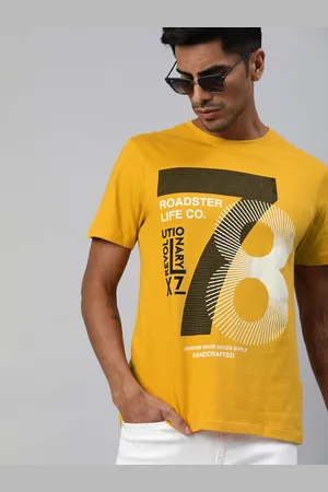 Roadster Men Mustard Yellow White Printed Round Neck Pure Cotton T-shirt