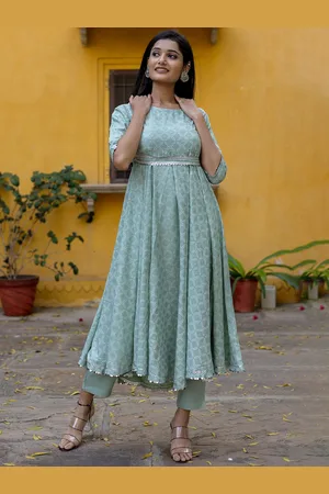 HERE&NOW Bandhani Printed Round Neck Anarkali Kurta With Trousers