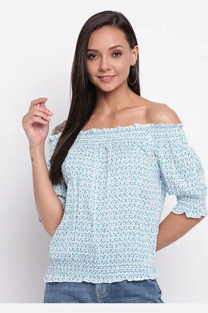 Mayra Blue Geometric Print Off-Shoulder Bardot Top