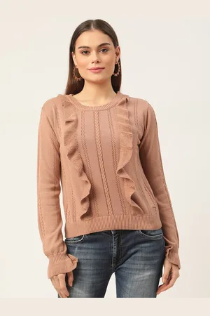 Elle Women Beige Ruffles Pure Cotton Sweatshirt