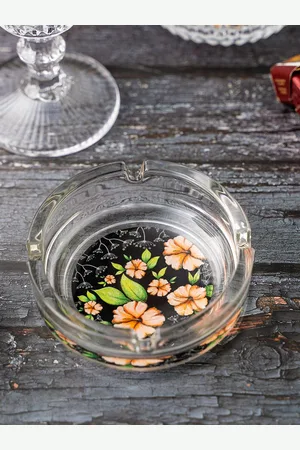 KOLOROBIA Transparent & Black Floral Passion Hibiscus Glass Ashtray