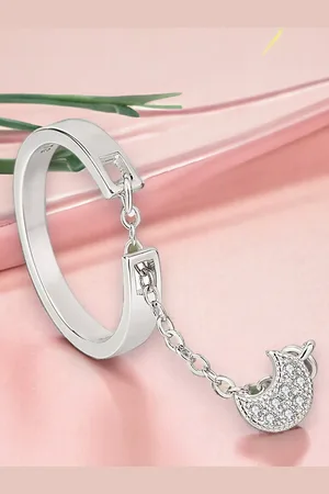 Myki Silver-Plated CZ-Studded Chain Moon Detail Adjustable Finger Ring