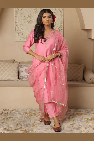 ASRUMO Women Ethnic Motifs Embroidered Regular Thread Work Chanderi Silk Kurta with Trousers & With Dupatta