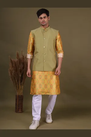 SHIWAM ETHNIX Ethnic Motifs Printed Cotton Silk Straight Kurta & Pyjama With Nehru Jacket