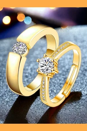 Myki Unisex Set Of 2 Gold-Plated CZ-Studded Couple Adjustable Rings