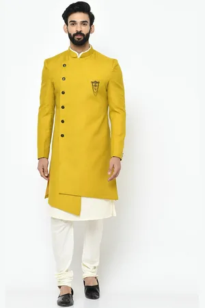 KISAH Men Mustard Yellow & Off White Solid Cotton Indowestern Sherwani Set
