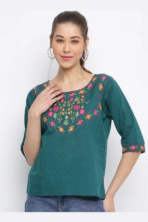 Mayra Women Green & Pink Floral Embroidered Pure Cotton Regular Top