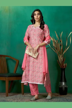 DIVASTRI Women Floral Printed Regular Gotta Patti Pure Cotton Kurta with Trousers & With Dupatta