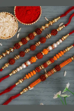 eCraftIndia Set of 5 Red Rudraksh Rakhi Set