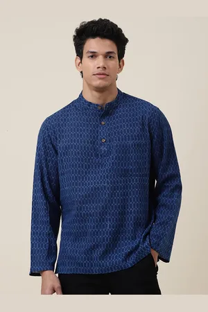 Fabindia Men Blue Geometric Cotton Short Kurta