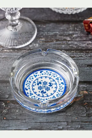KOLOROBIA Transparent & White Floral Pottery Glass Ashtray