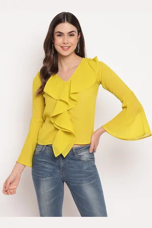 Mayra Women Yellow Bell Sleeves Georgette Fitted Top