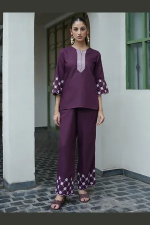 Moda Rapido Embroidered Round Neck Top With Trousers Co-Ords