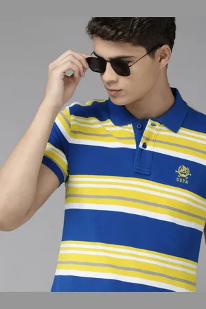 U.S. Polo Assn. U S Polo Assn Men Blue & Yellow Striped Polo Collar Pure Cotton Slim Fit T-shirt