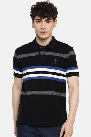 U.S. Polo Assn. Men Black White Striped Polo Collar Pure Cotton T-shirt