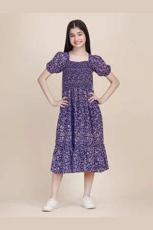 DEKLOOK Girls Floral Printed Puff Sleeve Smocked Fit & Flare Dress
