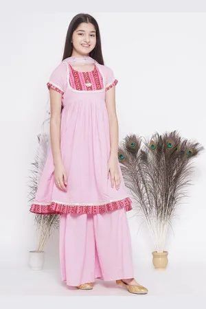 Little Bansi Girls Striped Patch Work Pure Cotton Kurta With Sharara & Dupatta