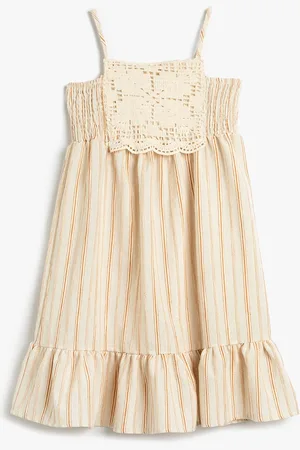 Koton Girls Striped Shoulder Straps Smocked Detailed A-Line Midi Dress