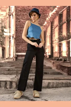 DOLCE CRUDO Women Wide Leg High-Rise Slash Knee Stretchable Jeans