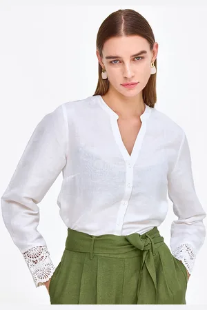 COVER STORY Women Mandarin Collar Solid Linen Blend Casual Shirt