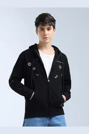 Flying Machine Men Embroidered Hooded Front-Open Sweatshirt