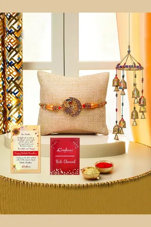 eCraftIndia Set Of 2 Peacock Rakhi With Hanging Bells & Rholi Chawal