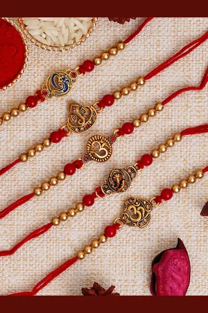 eCraftIndia Multicolored Designer Religious Pack of 5 Rakhi