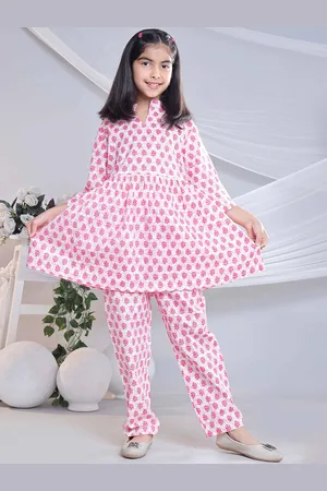 misbis Girls Floral Printed Mandarin Collar Pure Cotton Tunic & Trouser