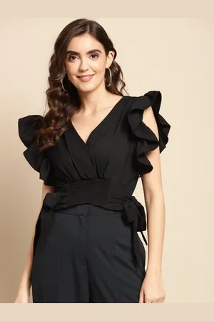 Woowzerz Women Black Solid Ruffle Smocked Crop Top