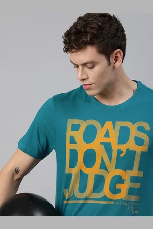 Roadster Men Teal Green and Orange Printed Round Neck T-shirt