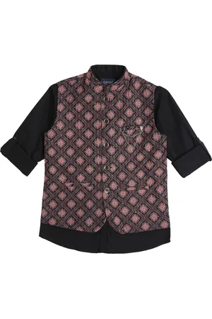 CAVIO Boys Ethnic Motifs Printed Cotton Woven Nehru Jacket With Brooch & Shirt