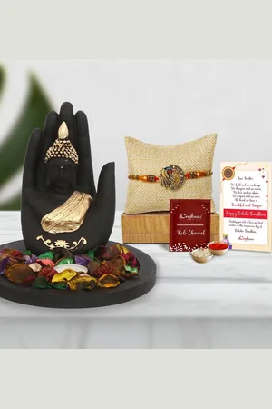 eCraftIndia Black & Gold-Toned Palm Buddha Statue Peacock Rakhi Gift Set