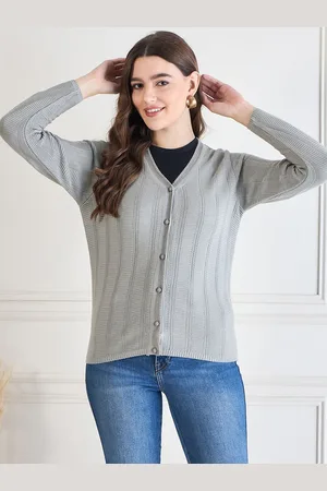 CLAPTON Women V-Neck Striped Woollen Cardigan