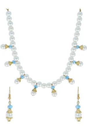 Akshara Clothing Girls White & Blue Handcrafted Beaded Jewellery Set
