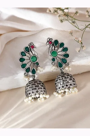 Dastoor Silver-Toned Contemporary Jhumkas Earrings