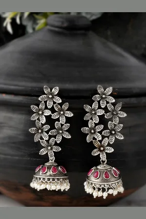 Dastoor Silver-Toned Contemporary Jhumkas Earrings