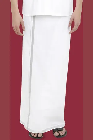 WHITE HEART Men Pure Cotton Single Layer Dhoti with Silver-Toned Zari Border